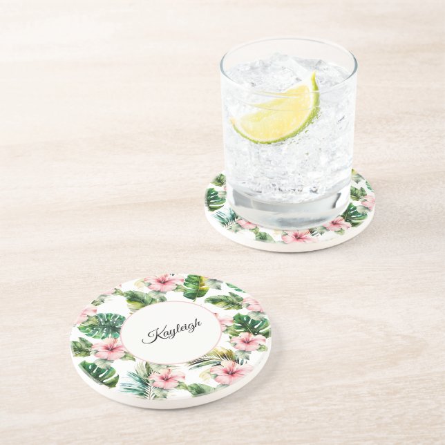 Dessous De Verre En Grès Hibiscus Rose Tropical Personnalisé (Côté)