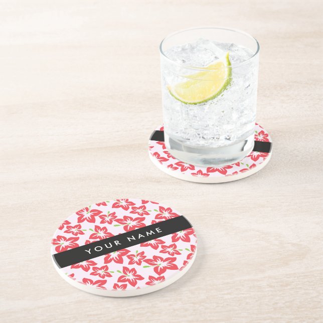 Dessous De Verre En Grès Hibiscus Rouge, Fleurs Rouges, Votre Nom (Côté)
