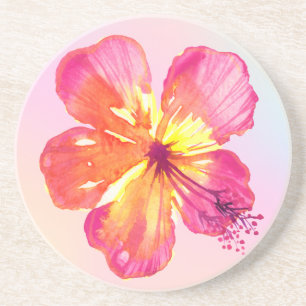 Dessous De Verre En Grès Hibiscus tropical sur Aqua Ombre rose jaune floral