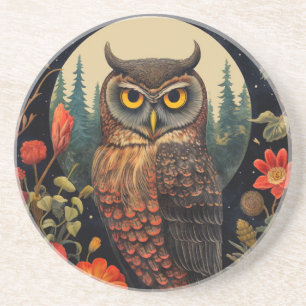 Dessous De Verre En Grès Hibou la nuit avec un motif de pleine lune