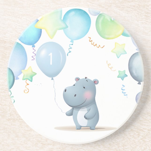 Dessous De Verre En Grès Hippo Anniversaire bleu doux (Devant)
