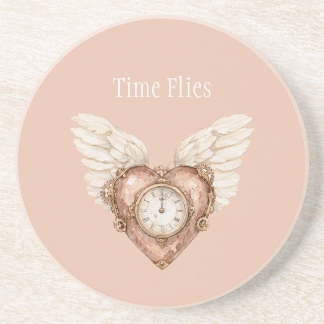 Dessous De Verre En Grès Horloge Cardiaque Ailes Blanches Le Temps Passe (Devant)