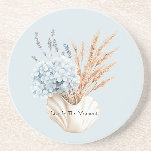 Dessous De Verre En Grès Hortensia Bleu Fleurs de Lavande dans un Vase (Devant)