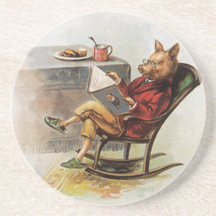 Dessous De Verre En Grès Humour Vintage, Cochon dans un fauteuil roulant en