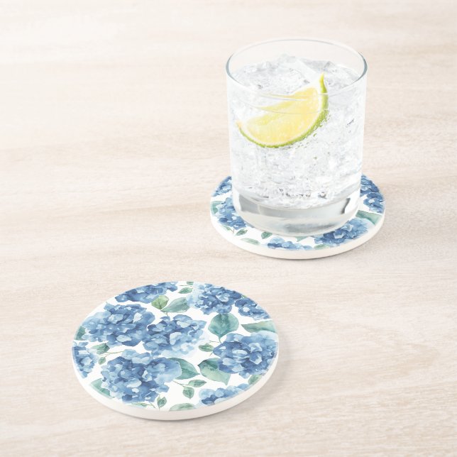 Dessous De Verre En Grès Hydrangea Blues | Fleurs à motif de fleurs aquarel (Côté)