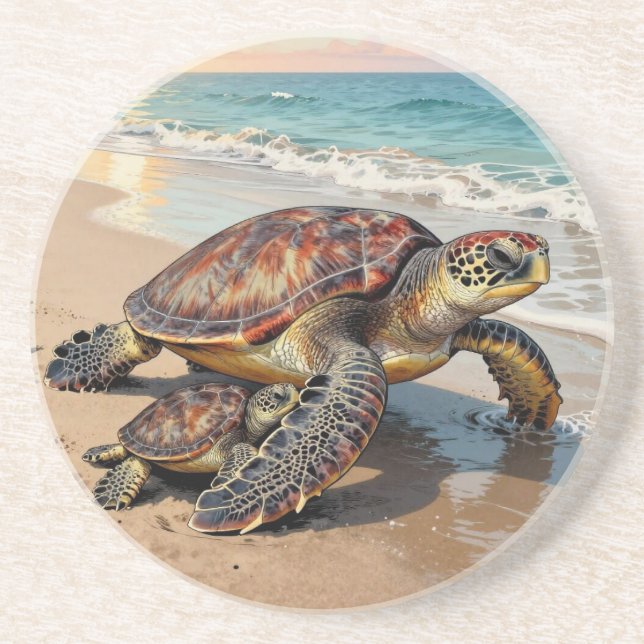 Dessous De Verre En Grès Illustration de tortue marine et de bébé  (Devant)