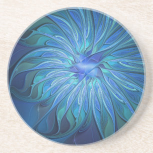 Dessous De Verre En Grès Imaginaire Fleur Bleue Motif, Art Fractal Abstrait