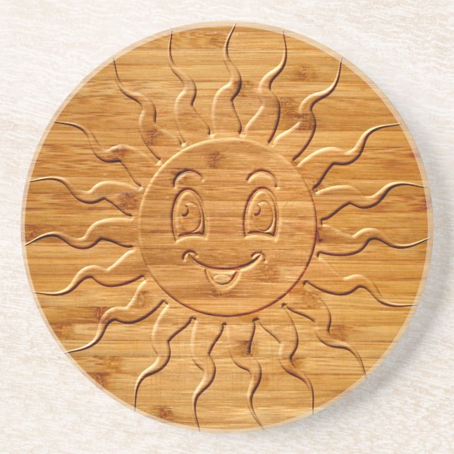 Dessous De Verre En Grès Impression De La Face Solaire Souriante En Bois (Devant)
