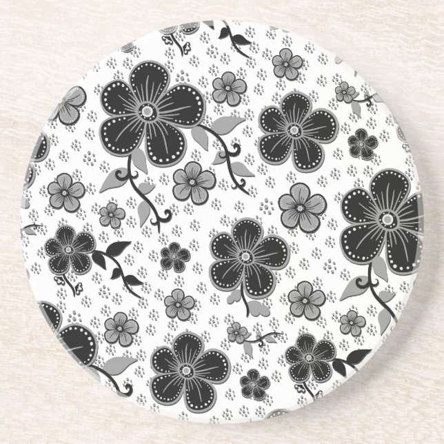 Dessous De Verre En Grès Impression florale noire et blanche (Devant)