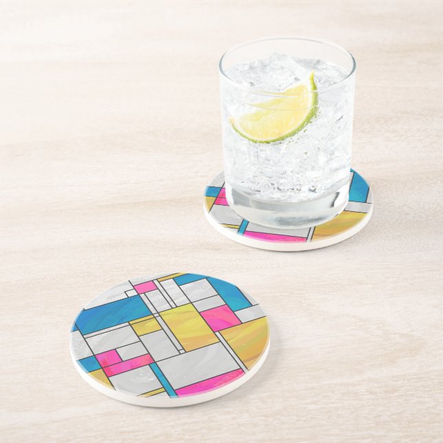 Dessous De Verre En Grès Impression Mondrial jaune rose (Côté)