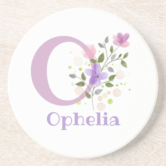 Dessous De Verre En Grès Initiale Plus Nom & Fleurs Design (Devant)