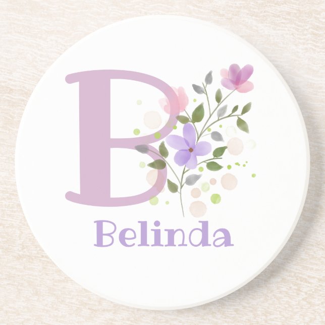 Dessous De Verre En Grès Initiale Plus Nom & Fleurs Design (Devant)