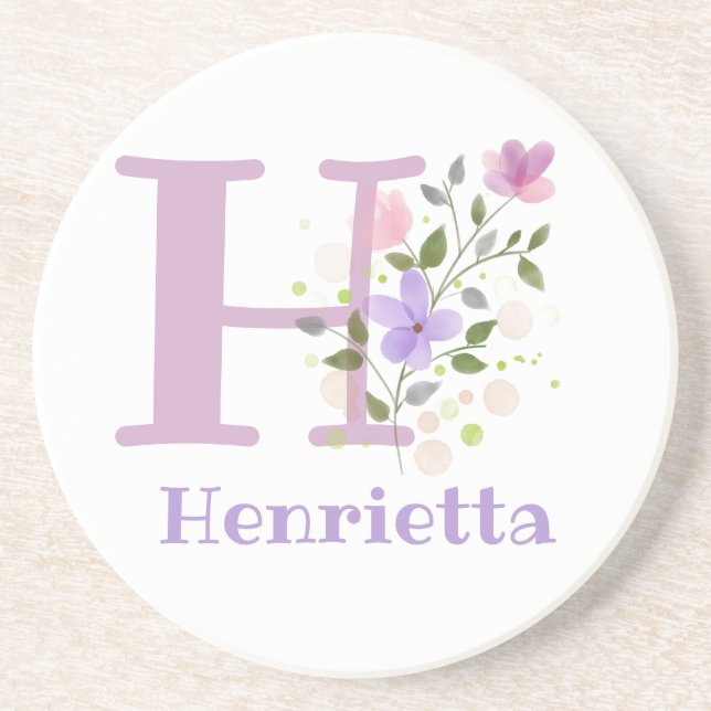 Dessous De Verre En Grès Initiale Plus Nom & Fleurs Design (Devant)