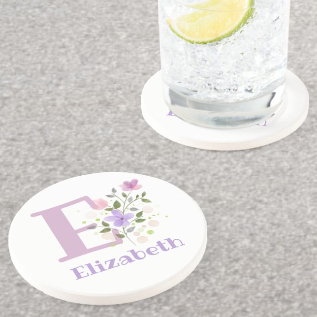 Dessous De Verre En Grès Initiale Plus Nom & Fleurs Design (Créateur téléchargé)