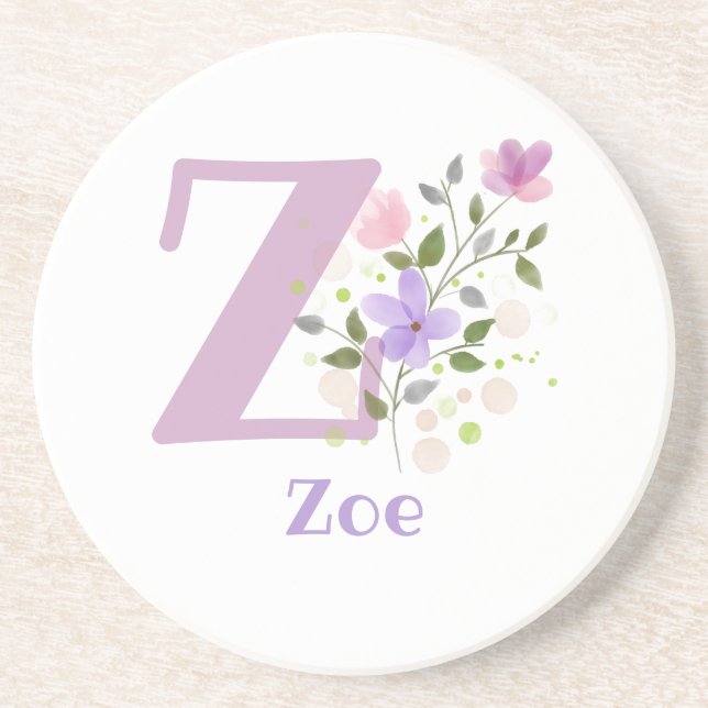 Dessous De Verre En Grès Initiale Plus Nom & Fleurs Design (Devant)