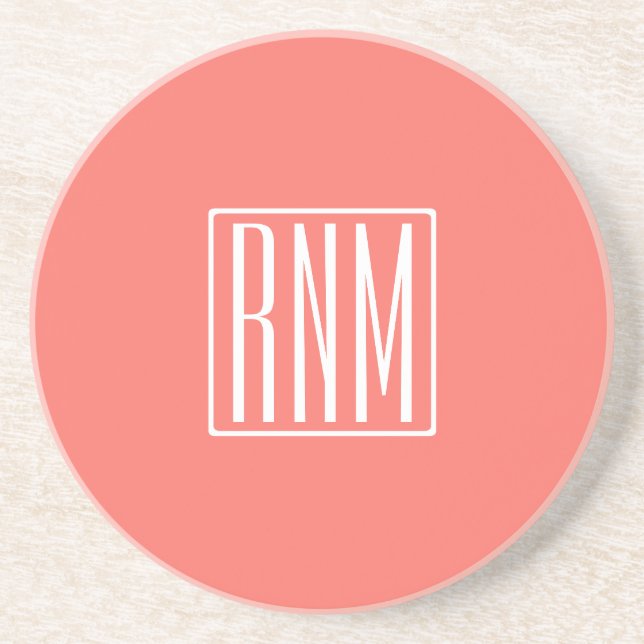 Dessous De Verre En Grès Initiales Monogramme | Blanc Sur Corail (Devant)