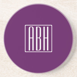 Dessous De Verre En Grès Initiales Monogramme   Blanc Sur Violet Foncé