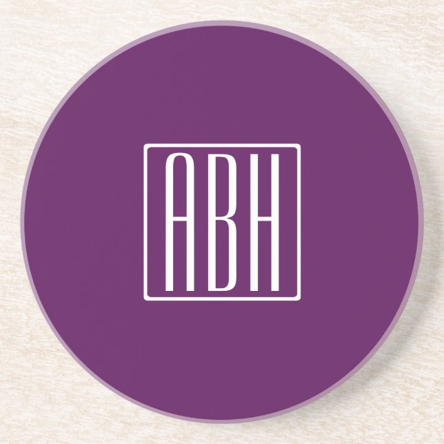 Dessous De Verre En Grès Initiales Monogramme | Blanc Sur Violet Foncé (Devant)