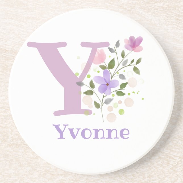 Dessous De Verre En Grès Initiales Plus Nom & Dessin de Fleurs (Devant)