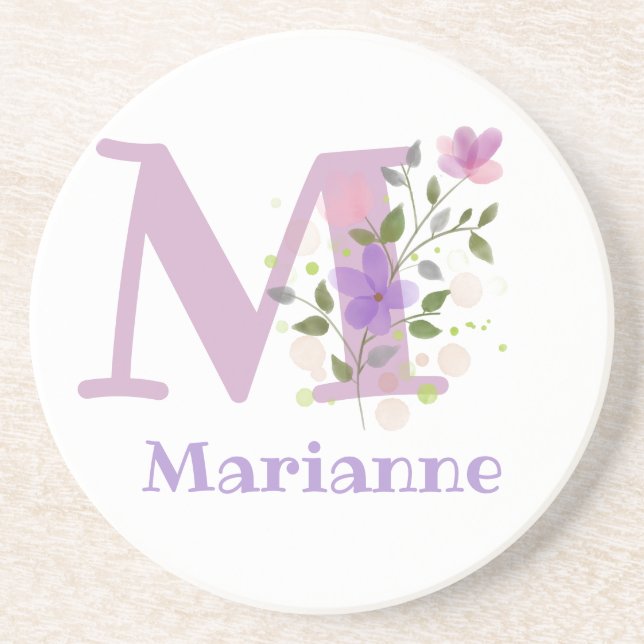 Dessous De Verre En Grès Initiales Plus Nom & Dessin de Fleurs (Devant)