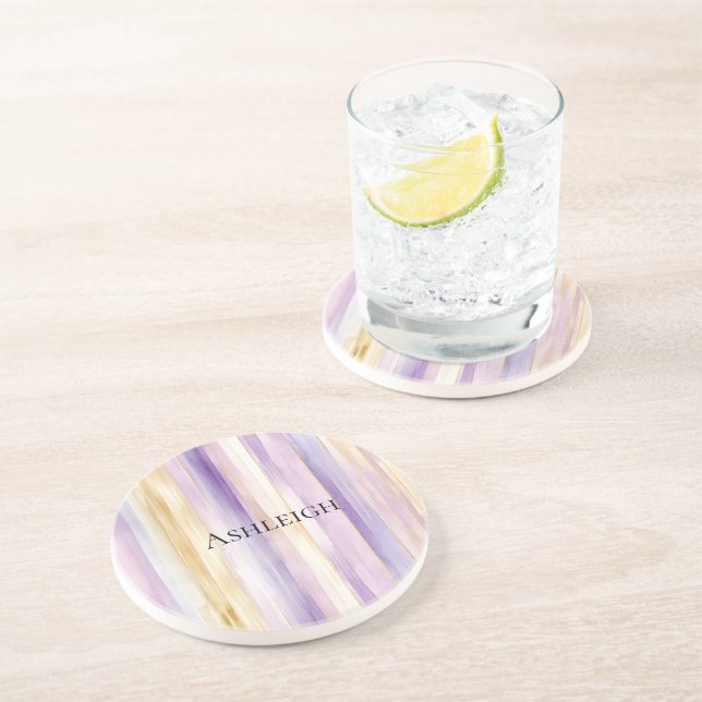 Dessous De Verre En Grès Iris rayures crème violet   (Côté)