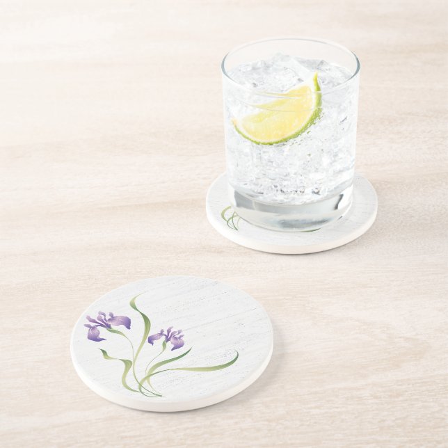 Dessous De Verre En Grès Iris Violet Sur Bois (Côté)