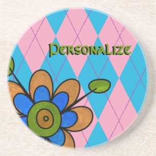 Dessous De Verre En Grès Jacquard rose et bleu & Fleur
