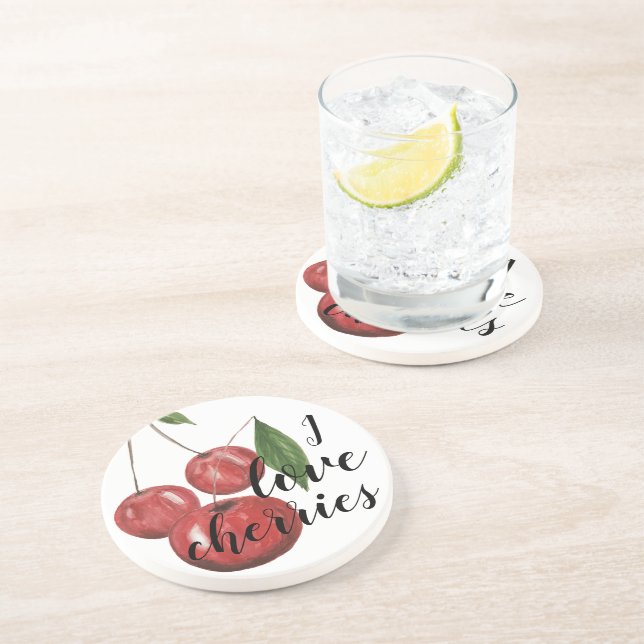 Dessous De Verre En Grès J'aime les Cerises Aquarelle Peinte à la main (Côté)