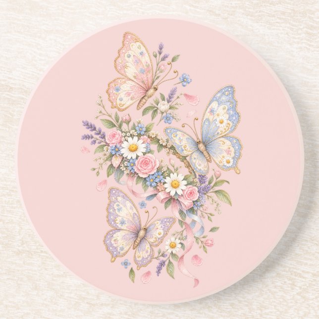 Dessous De Verre En Grès Jardin d'anniversaire papillon pastel (Devant)