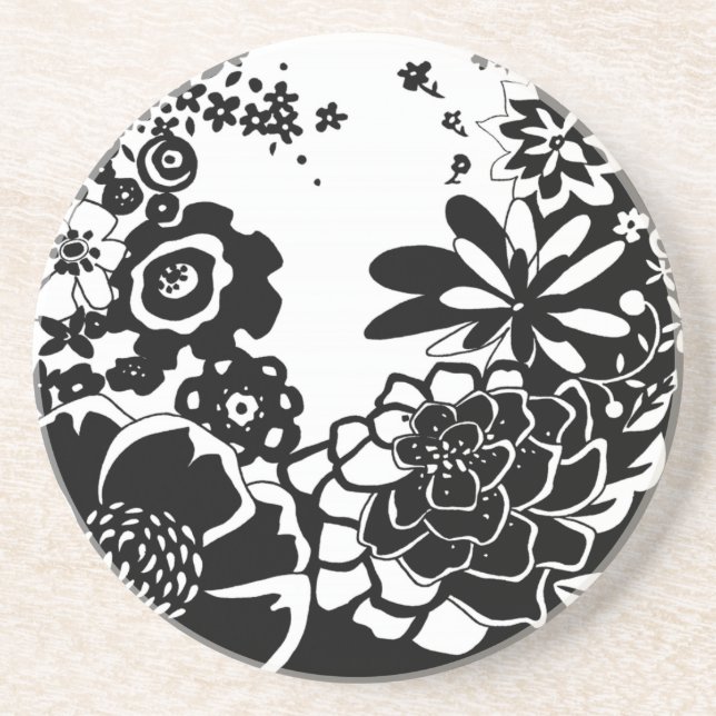 Dessous De Verre En Grès Jardin floral noir et blanc Motif graphique (Devant)