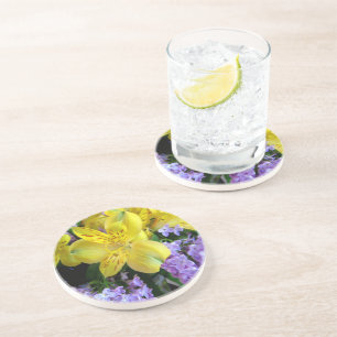 Dessous De Verre En Grès Jaune et Fleurs Lilac Violettes