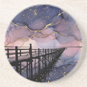 Dessous De Verre En Grès Jetée au Crépuscule Encre Alcoolée Dusk Grès Côté