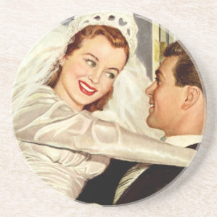 Dessous De Verre En Grès Jeunes mariés de mariage vintage, heureuse mariée 