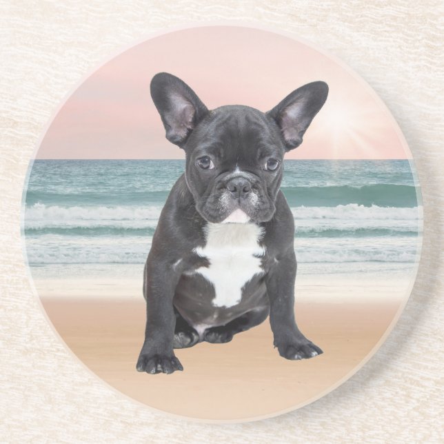 Dessous De Verre En Grès Joli Bouledogue Français Plage Soleil Eau (Devant)