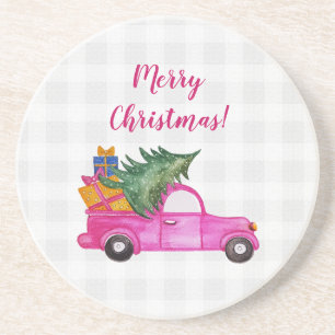 Dessous De Verre En Grès Joli camion rose de Noël avec arbre et souhaits