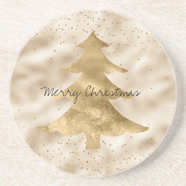 Dessous De Verre En Grès Joli Glam Gold Sparkle Dots Arbre de Noël (Devant)