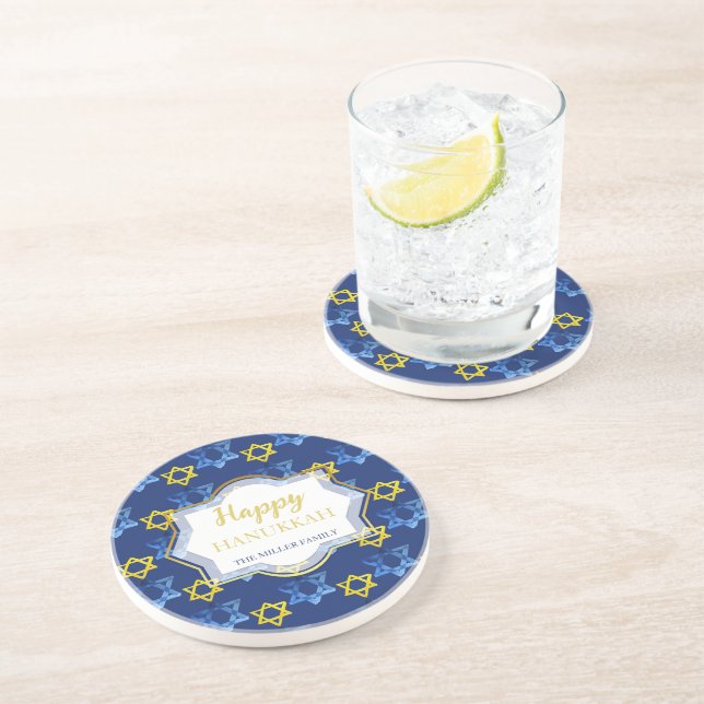 Dessous De Verre En Grès Joli Hanoukka Aquarelle Étoiles De David (Côté)