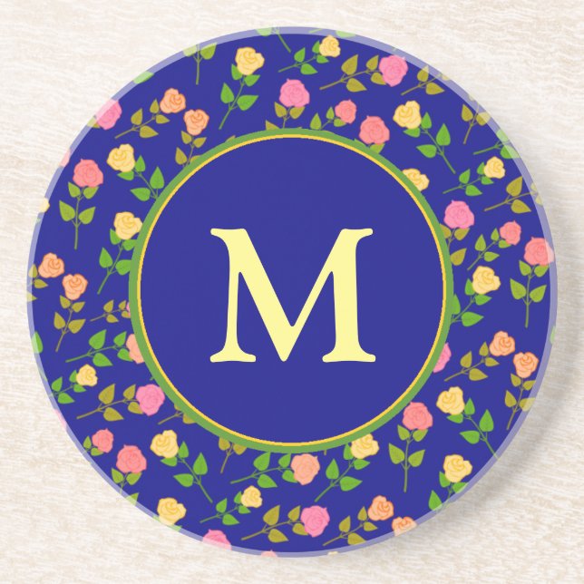 Dessous De Verre En Grès Joli motif de rose bleue avec monogramme (Devant)