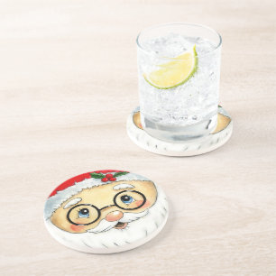 Dessous De Verre En Grès Joli Noël Aquarelle Père Noël Face