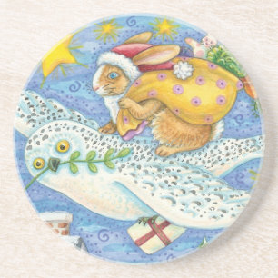 Dessous De Verre En Grès Joli Noël avec un lapin en Père Noël sur un hibou