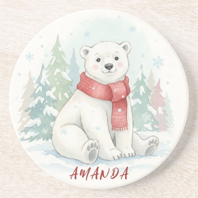 Dessous De Verre En Grès Joli ours polaire aquarelle Hiver  (Devant)