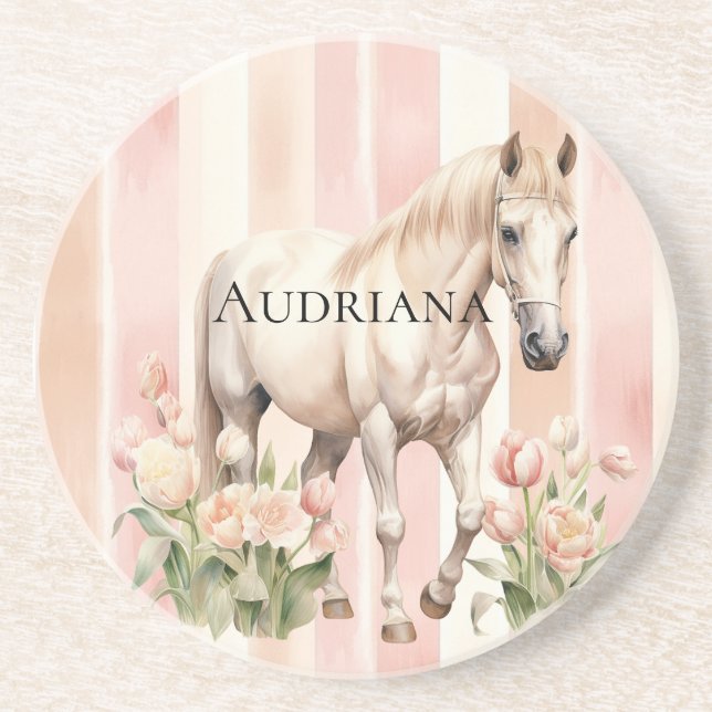 Dessous De Verre En Grès Joli Peach Pink Crème rayures Cheval (Devant)