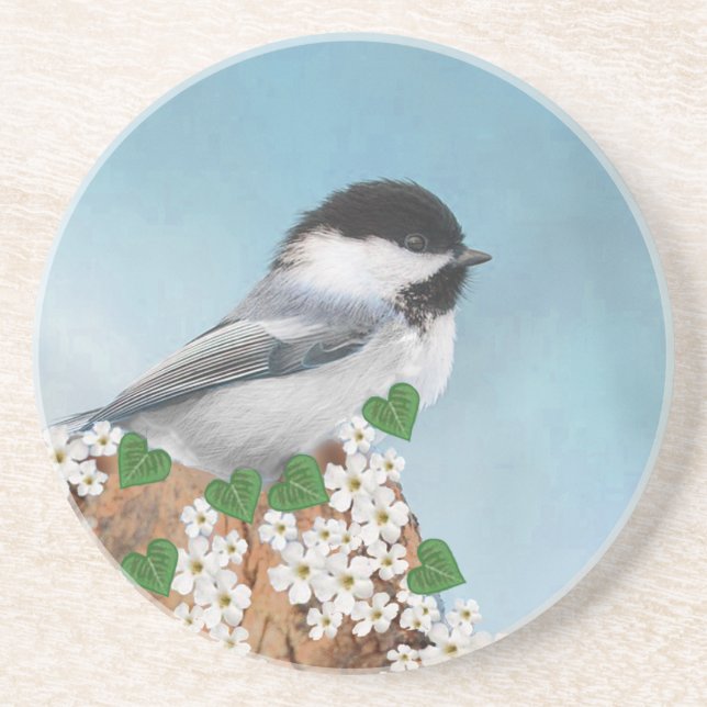 Dessous De Verre En Grès Joli petit oiseau et fleurs sur fond bleu ciel (Devant)