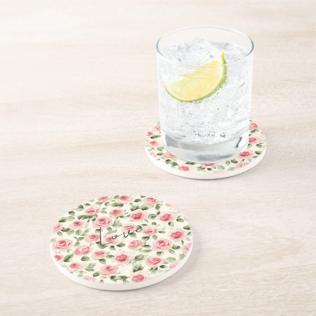 Dessous De Verre En Grès Joli rose Roses Floral (Côté)