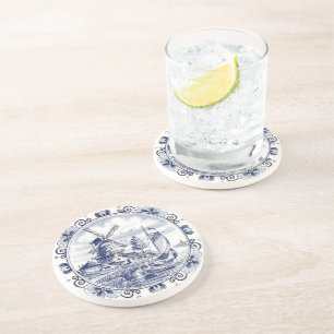 Dessous De Verre En Grès Joli Voilier Moulin à Vent Vintage Delft Bleu