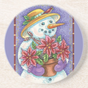 Dessous De Verre En Grès Jolie fille de Noël Bonhomme de neige avec Poinset