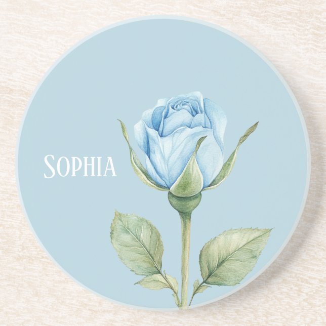 Dessous De Verre En Grès Jolie Fleur de Rose Bleu Clair (Devant)