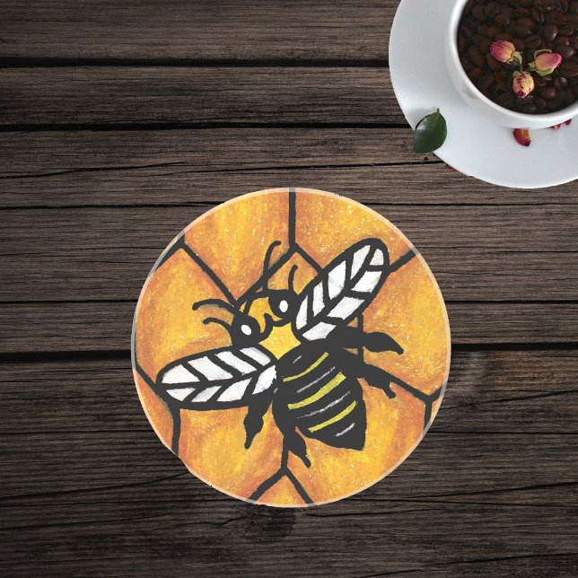 Dessous De Verre En Grès Jolie veste jaune bourdonnante Bee sur Honeypeb (Black and gold yellow jacket bee on golden honeycomb background on glass drink coaster.)