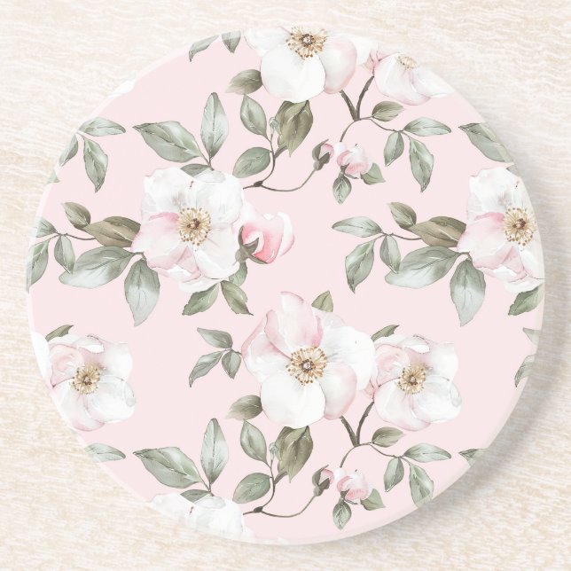 Dessous De Verre En Grès Jolies Fleurs Blanches Roses (Devant)