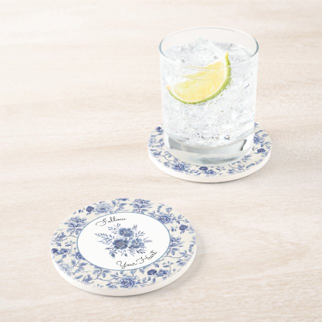 Dessous De Verre En Grès Jolies Fleurs Bleues   (Côté)